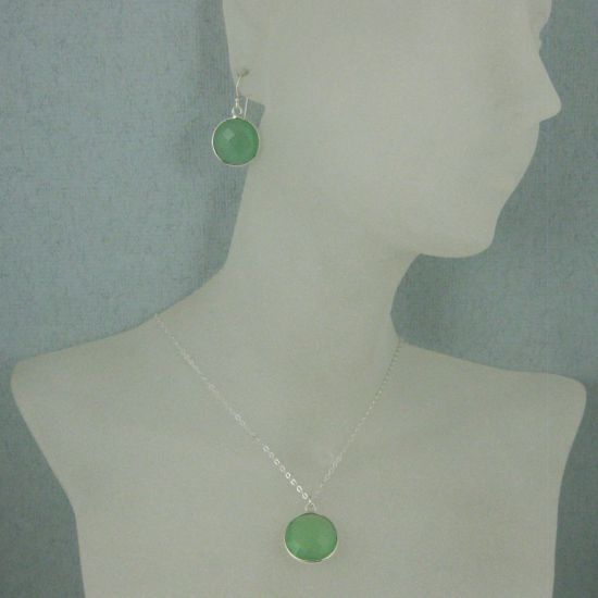 Wholesale Bezel Gem Round Pendant Necklace & Earrings-Sterling Silver-Prenite Chalcedony (16-24")