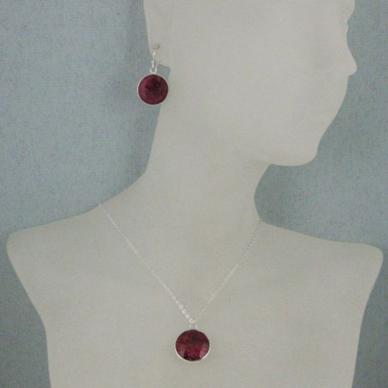 Wholesale Bezel Gem Round Pendant Necklace & Earrings-Sterling Silver-Ruby Dyed (16-24")