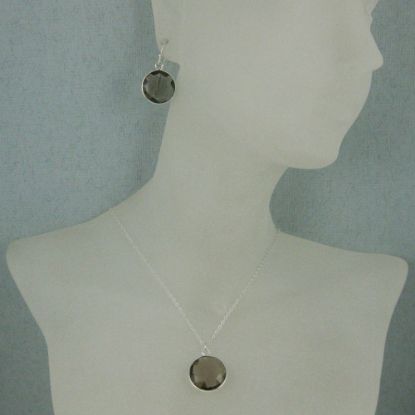 Wholesale Bezel Gem Round Pendant Necklace & Earrings-Sterling Silver-Smoky Quartz (16-24")