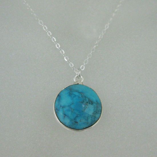 Wholesale Bezel Gem Round Pendant Necklace & Earrings-Sterling Silver-Turquoise (16-24")