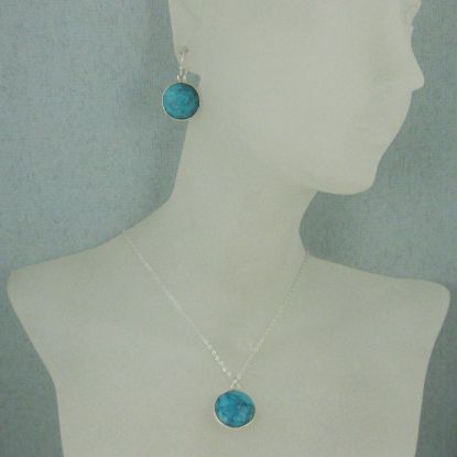 Wholesale Bezel Gem Round Pendant Necklace & Earrings-Sterling Silver-Turquoise (16-24")
