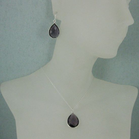 Wholesale Bezel Gem Tear Pendant Necklace & Earrings - Sterling Silver-Amethyst (16-24")
