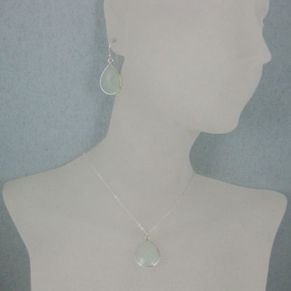 Wholesale Bezel Gem Tear Pendant Necklace & Earrings - Sterling Silver-Aqua Chalcedony (16-24")