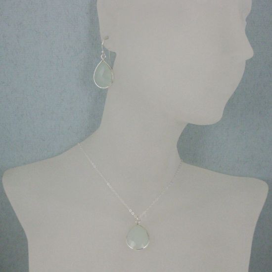 Wholesale Bezel Gem Tear Pendant Necklace & Earrings - Sterling Silver-Aqua Chalcedony (16-24")