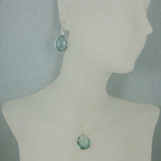Wholesale Bezel Gem Tear Pendant Necklace & Earrings - Sterling Silver-Aqua Quartz (16-24")