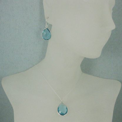 Wholesale Bezel Gem Tear Pendant Necklace & Earrings - Sterling Silver-Blue Topaz (16-24")