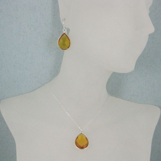 Wholesale Bezel Gem Tear Pendant Necklace & Earrings - Sterling Silver-Citrine Quartz (16-24")