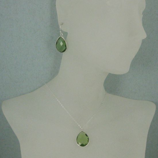 Wholesale Bezel Gem Tear Pendant Necklace & Earrings - Sterling Silver-Green Amethyst Quartz (16-24")