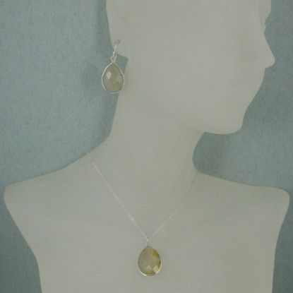 Wholesale Bezel Gem Tear Pendant Necklace & Earrings - Sterling Silver-Gold Rutilated Quartz (16-24")