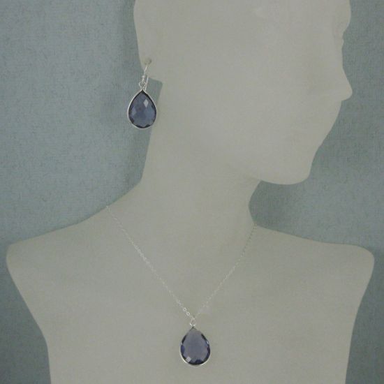 Wholesale Bezel Gem Tear Pendant Necklace & Earrings - Sterling Silver-Iolite Quartz (16-24")
