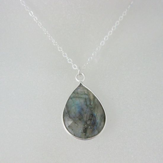 Wholesale Bezel Gem Tear Pendant Necklace & Earrings - Sterling Silver-Labradorite (16-24")