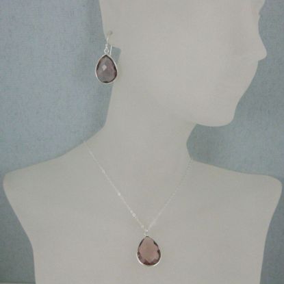 Wholesale Bezel Gem Tear Pendant Necklace & Earrings - Sterling Silver-Pink Amethyst Quartz (16-24")