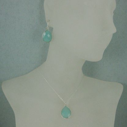 Wholesale Bezel Gem Tear Pendant Necklace & Earrings - Sterling Silver-Peru Chalcedony (16-24")
