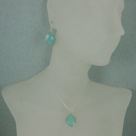 Wholesale Bezel Gem Tear Pendant Necklace & Earrings - Sterling Silver-Peru Chalcedony (16-24")