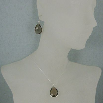 Wholesale Bezel Gem Tear Pendant Necklace & Earrings - Sterling Silver-Smoky Quartz (16-24")
