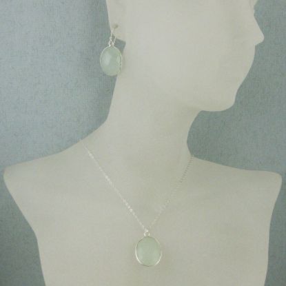 Wholesale Bezel Gem Oval Pendant Necklace & Earrings - Sterling Silver-Aqua Chalcedony (16-24")