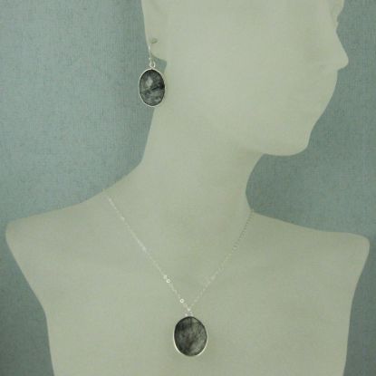Wholesale Bezel Gem Oval Pendant Necklace & Earrings - Sterling Silver-Black Rutilated Quartz (16-24")
