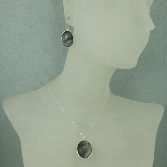 Wholesale Bezel Gem Oval Pendant Necklace & Earrings - Sterling Silver-Black Rutilated Quartz (16-24")