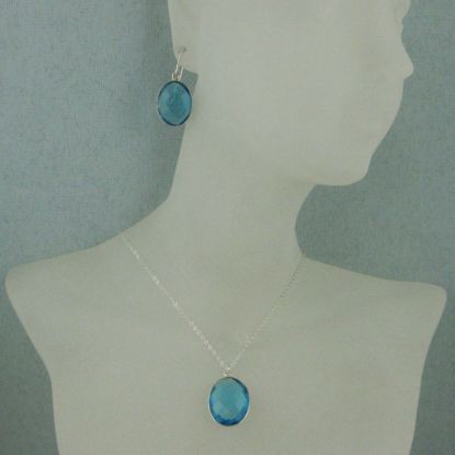 Wholesale Bezel Gem Oval Pendant Necklace & Earrings - Sterling Silver-Blue Topaz (16-24")