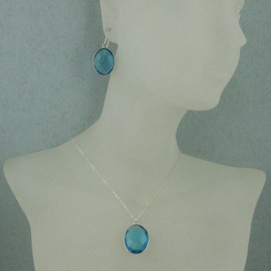 Wholesale Bezel Gem Oval Pendant Necklace & Earrings - Sterling Silver-Blue Topaz (16-24")
