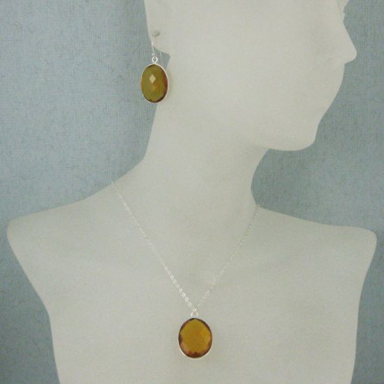 Wholesale Bezel Gem Oval Pendant Necklace & Earrings - Sterling Silver-Citrine Quartz (16-24")