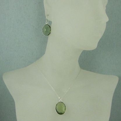 Wholesale Bezel Gem Oval Pendant Necklace & Earrings - Sterling Silver-Green Amethyst Quartz (16-24")