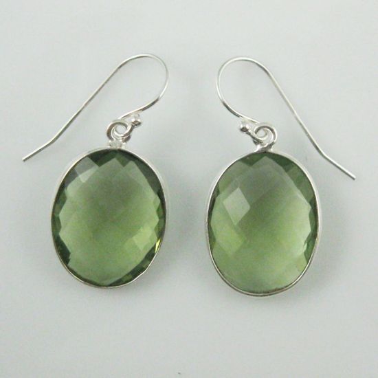 Wholesale Bezel Gem Oval Pendant Necklace & Earrings - Sterling Silver-Green Amethyst Quartz (16-24")