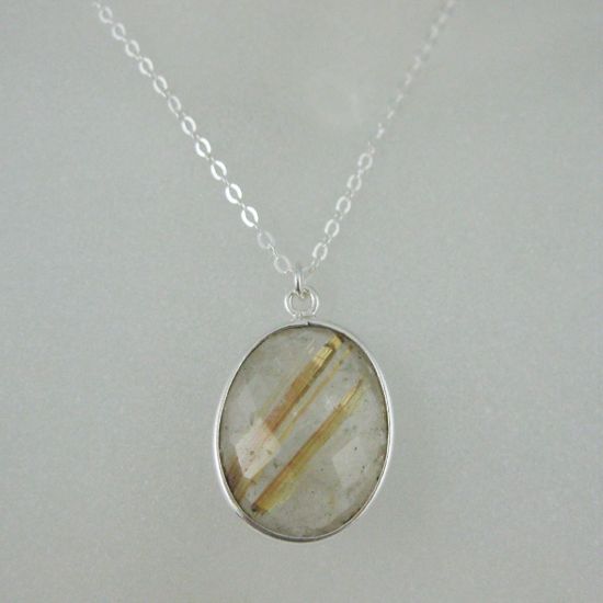 Wholesale Bezel Gem Oval Pendant Necklace & Earrings - Sterling Silver-Gold Rutilated Quartz (16-24")