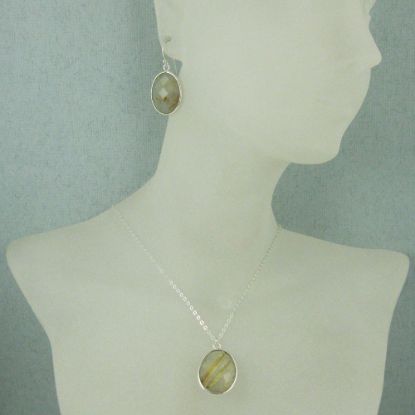 Wholesale Bezel Gem Oval Pendant Necklace & Earrings - Sterling Silver-Gold Rutilated Quartz (16-24")