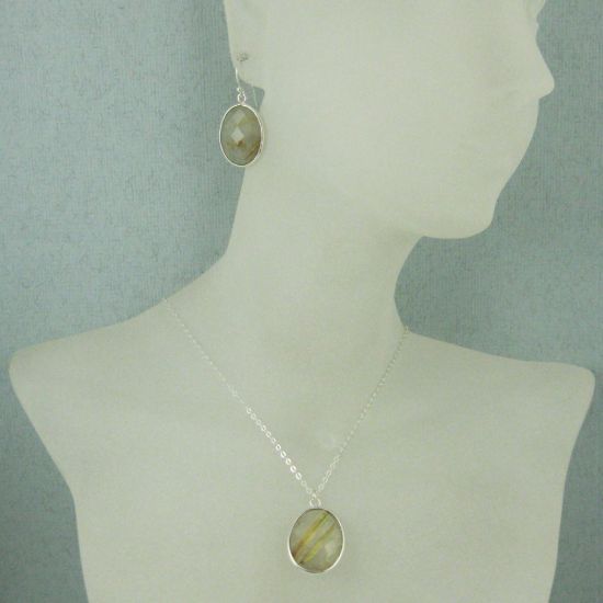 Wholesale Bezel Gem Oval Pendant Necklace & Earrings - Sterling Silver-Gold Rutilated Quartz (16-24")