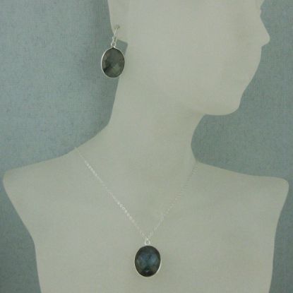 Wholesale Bezel Gem Oval Pendant Necklace & Earrings - Sterling Silver-Labradorite (16-24")