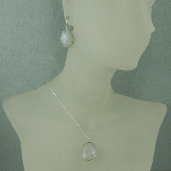 Wholesale Bezel Gem Oval Pendant Necklace & Earrings - Sterling Silver-Moonstone (16-24")