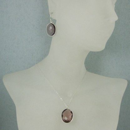 Wholesale Bezel Gem Oval Pendant Necklace & Earrings - Sterling Silver-Pink Amethyst Quartz (16-24")