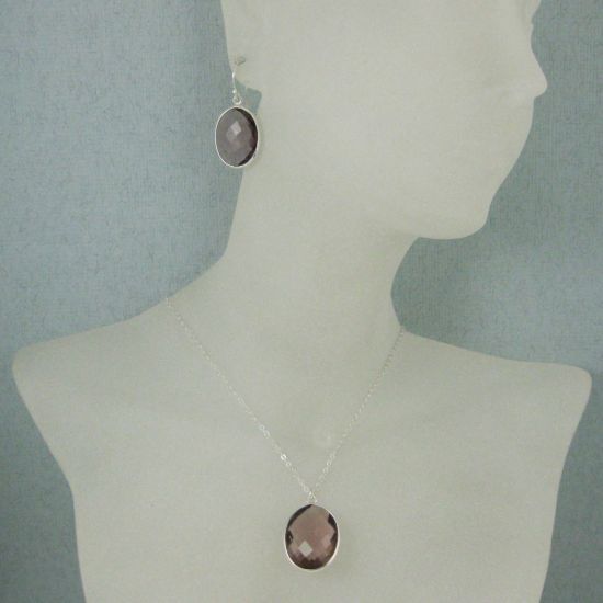 Wholesale Bezel Gem Oval Pendant Necklace & Earrings - Sterling Silver-Pink Amethyst Quartz (16-24")