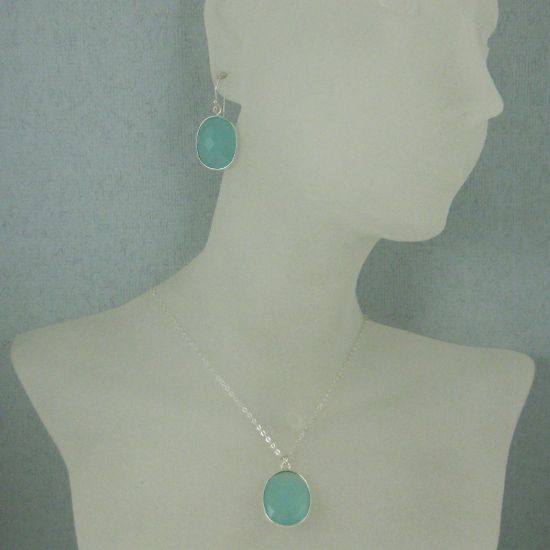 Wholesale Bezel Gem Oval Pendant Necklace & Earrings - Sterling Silver-Peru Chalcedony (16-24")