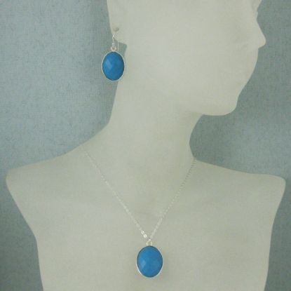 Wholesale Bezel Gem Oval Pendant Necklace & Earrings - Sterling Silver-Turquoise (16-24")