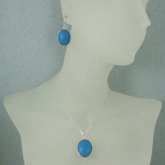 Wholesale Bezel Gem Oval Pendant Necklace & Earrings - Sterling Silver-Turquoise (16-24")