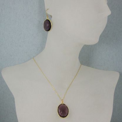 Wholesale Bezel Gemstone Oval Pendant Necklace & Earrings-Gold Plated-Amethyst (16-24")