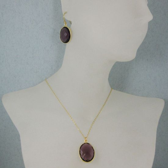 Wholesale Bezel Gemstone Oval Pendant Necklace & Earrings-Gold Plated-Amethyst (16-24")