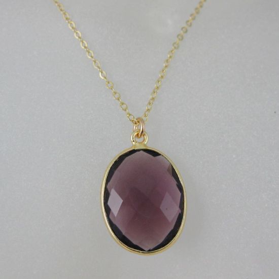 Wholesale Bezel Gemstone Oval Pendant Necklace & Earrings-Gold Plated-Amethyst (16-24")
