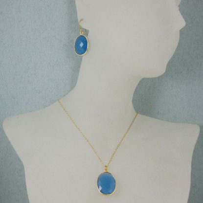 Wholesale Bezel Gemstone Oval Pendant Necklace & Earrings-Gold Plated-Blue Chalcedony (16-24")