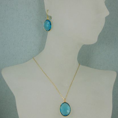 Wholesale Bezel Gemstone Oval Pendant Necklace & Earrings-Gold Plated-Blue Quartz(16-24")