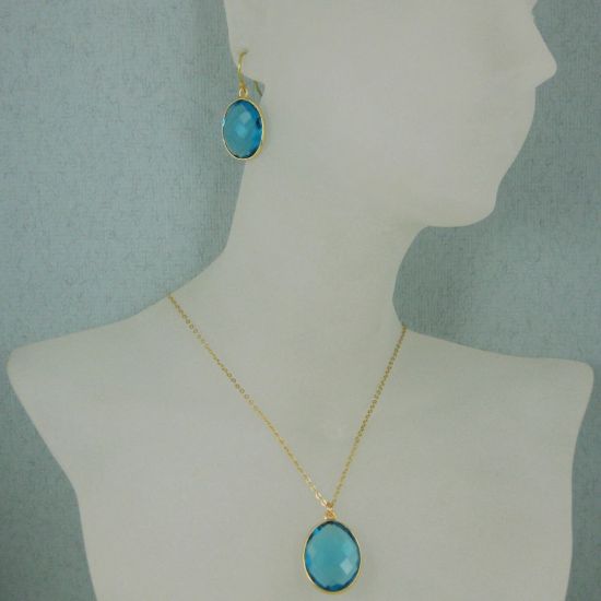 Wholesale Bezel Gemstone Oval Pendant Necklace & Earrings-Gold Plated-Blue Quartz(16-24")