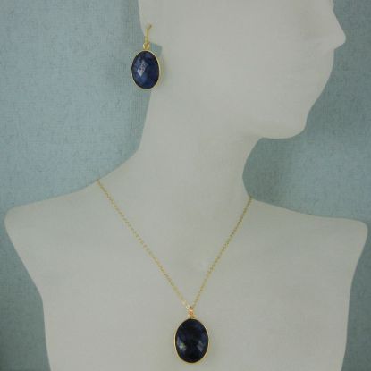 Wholesale Bezel Gemstone Oval Pendant Necklace & Earrings-Gold Plated-Blue Sapphire Dyed (16-24")