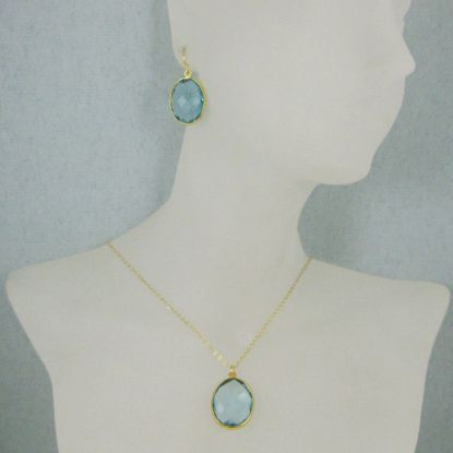 Wholesale Bezel Gemstone Oval Pendant Necklace & Earrings-Gold Plated-Blue Topaz (16-24")