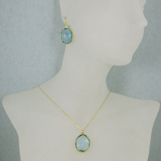 Wholesale Bezel Gemstone Oval Pendant Necklace & Earrings-Gold Plated-Blue Topaz (16-24")