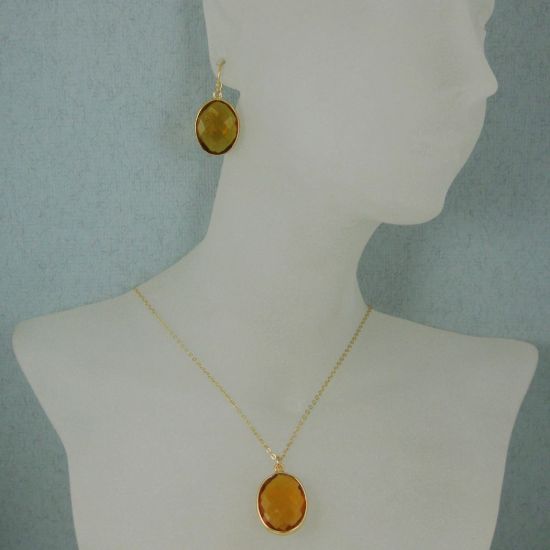 Wholesale Bezel Gemstone Oval Pendant Necklace & Earrings-Gold Plated-Citrine Quartz (16-24")