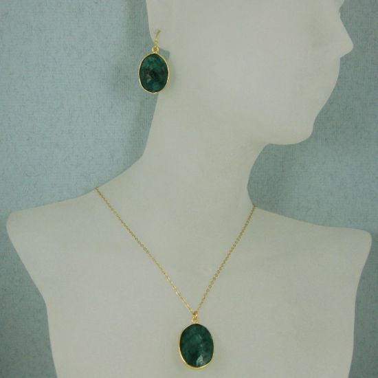 Wholesale Bezel Gemstone Oval Pendant Necklace & Earrings-Gold Plated-Emerald Dyed (16-24")