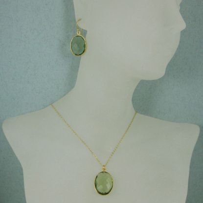Wholesale Bezel Gemstone Oval Pendant Necklace & Earrings-Gold Plated-Green Amethyst Quartz (16-24")