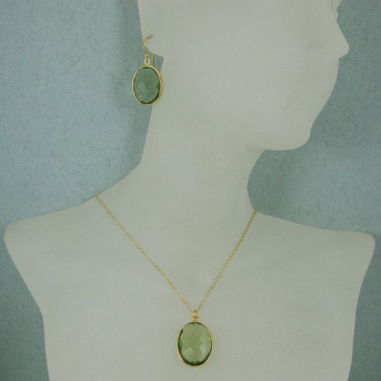 Wholesale Bezel Gemstone Oval Pendant Necklace & Earrings-Gold Plated-Green Amethyst Quartz (16-24")
